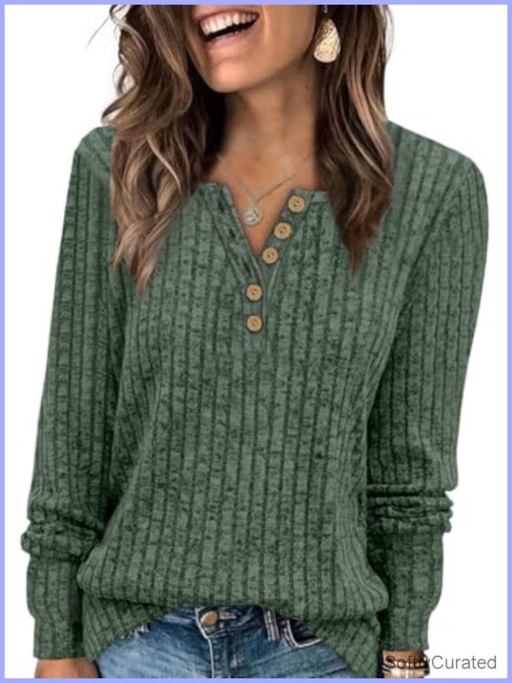 Womens Ribbed Knit Henley Sweater Button V Neck Long Sleeve Pullover Top
